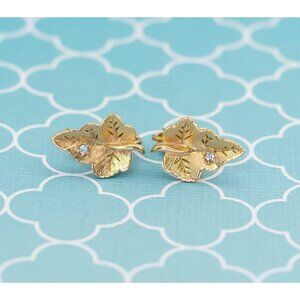 Vintage Gold Tone Elegant Leaf Rhinestone Clip On Earrings by Avon - R4